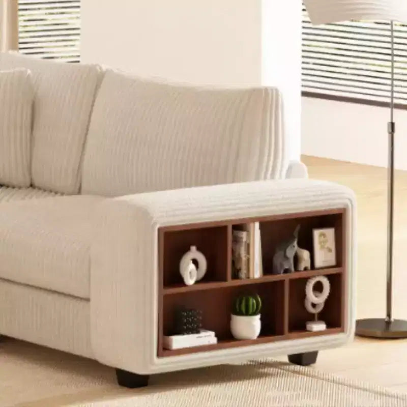 Canapé sectionnel en L modulable GDFStudio Antonia en velours côtelé beige avec étagère intégrée