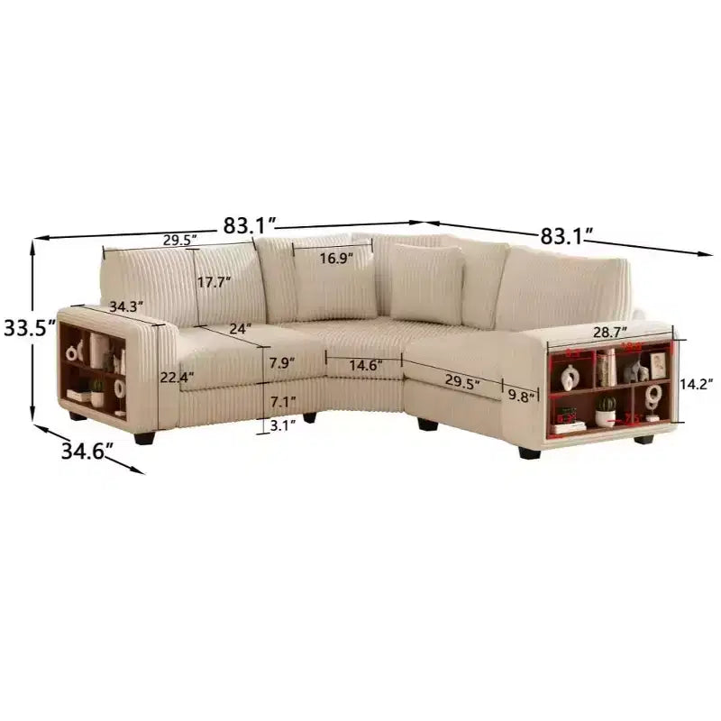 Canapé sectionnel en L modulable GDFStudio Antonia en velours côtelé beige avec étagère intégrée