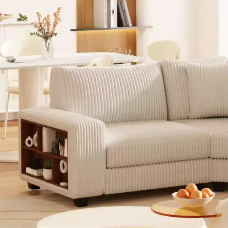 Canapé sectionnel en L modulable GDFStudio Antonia en velours côtelé beige avec étagère intégrée