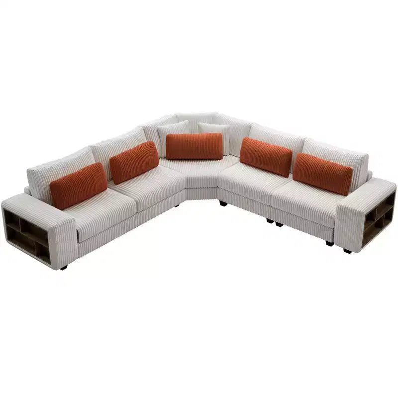 Canapé sectionnel en L modulable GDFStudio Antonia en velours côtelé beige avec étagère intégrée