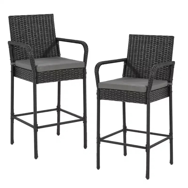 EROMMY Tabourets de bar d'extérieur en osier, lot de 2, tabourets de bar en rotin tressé avec coussins amovibles, accoudoirs et dossier ergonomiques