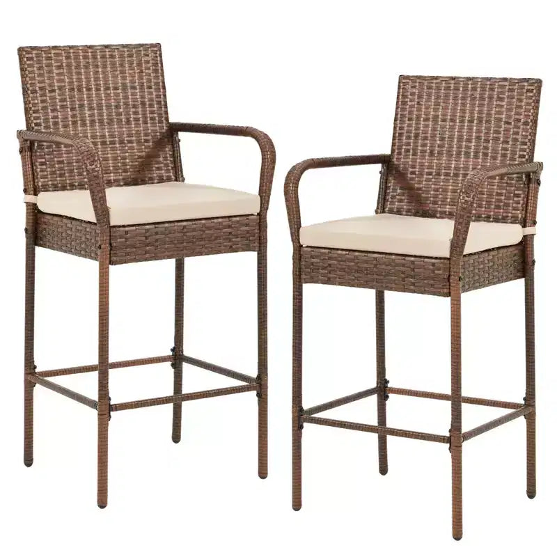 EROMMY Tabourets de bar d'extérieur en osier, lot de 2, tabourets de bar en rotin tressé avec coussins amovibles, accoudoirs et dossier ergonomiques