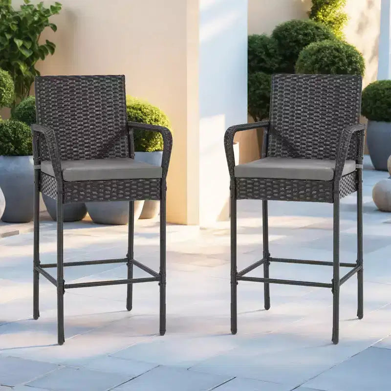 EROMMY Tabourets de bar d'extérieur en osier, lot de 2, tabourets de bar en rotin tressé avec coussins amovibles, accoudoirs et dossier ergonomiques