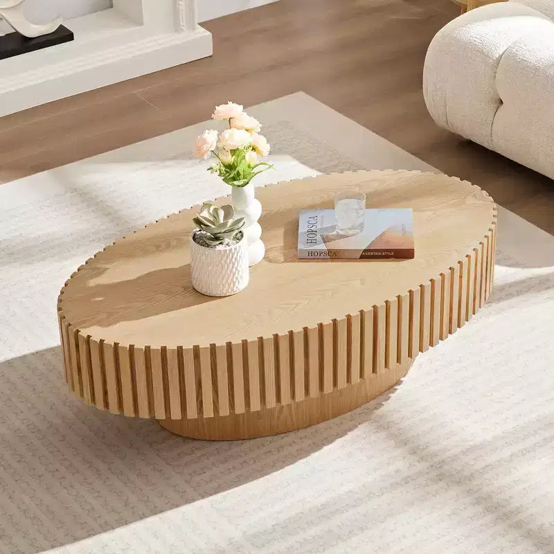 Table basse ovale/carrée Table d'appoint minimaliste à cannelures, Frêne naturel/Noyer/Noir mat-ModernLuxe