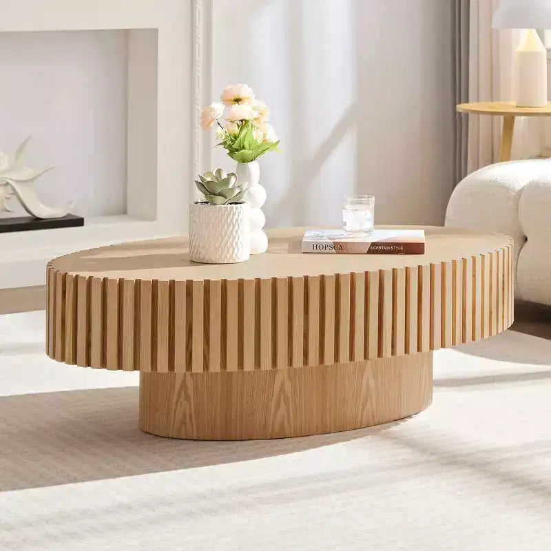 Table basse ovale/carrée Table d'appoint minimaliste à cannelures, Frêne naturel/Noyer/Noir mat-ModernLuxe