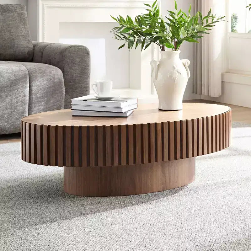 Table basse ovale/carrée Table d'appoint minimaliste à cannelures, Frêne naturel/Noyer/Noir mat-ModernLuxe