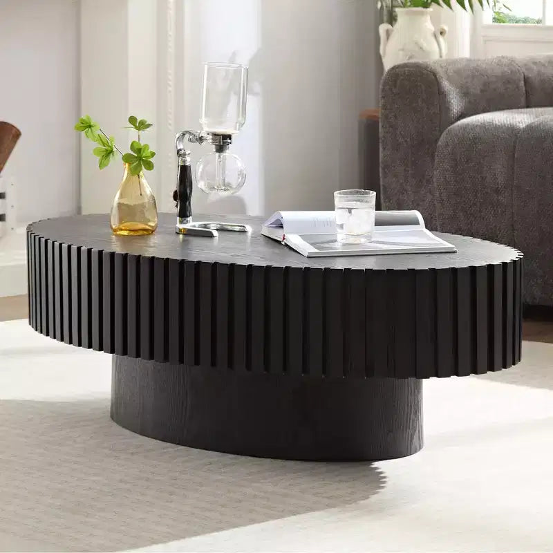 Table basse ovale/carrée Table d'appoint minimaliste à cannelures, Frêne naturel/Noyer/Noir mat-ModernLuxe