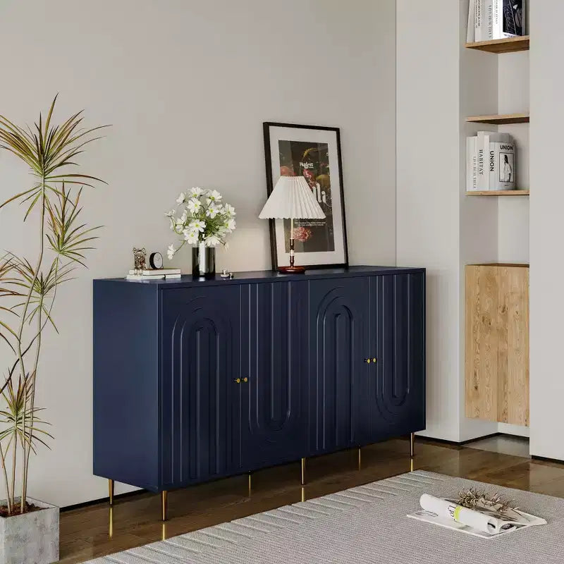 Buffet Bahut Meuble de Rangement en Bois Laqué Bleu Moderne à 4 Portes