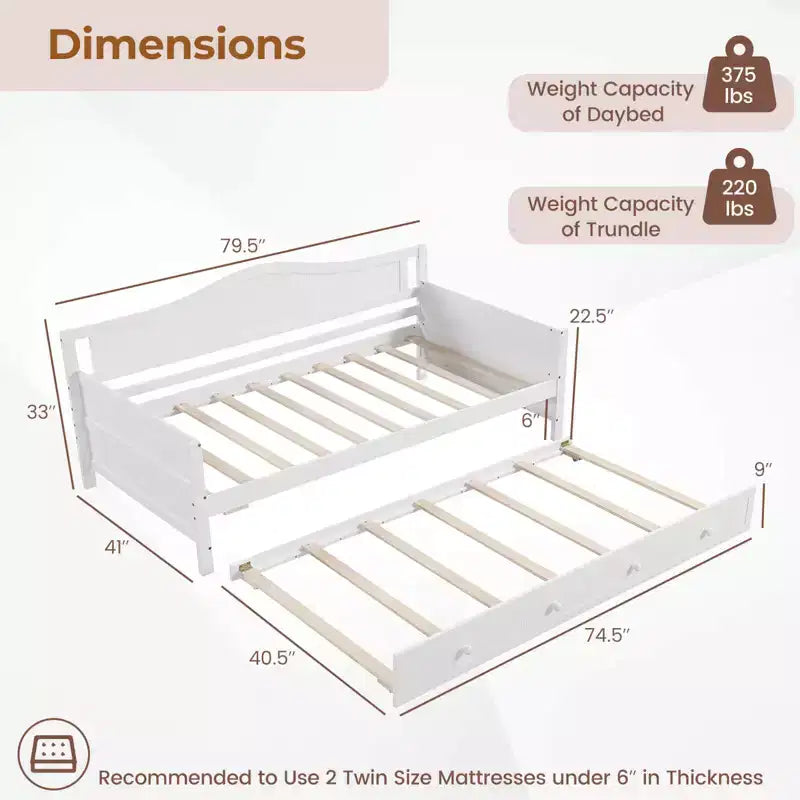 Lit de repos Costway simple avec lit gigogne, lit-canapé en bois massif avec lattes de soutien, lit d'appoint blanc/gris