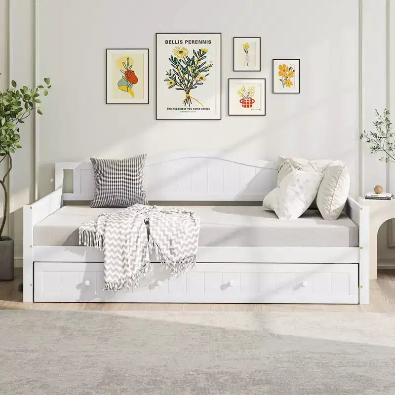 Lit de repos Costway simple avec lit gigogne, lit-canapé en bois massif avec lattes de soutien, lit d'appoint blanc/gris