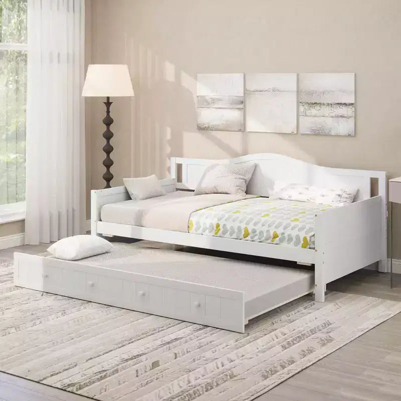 Lit de repos Costway simple avec lit gigogne, lit-canapé en bois massif avec lattes de soutien, lit d'appoint blanc/gris