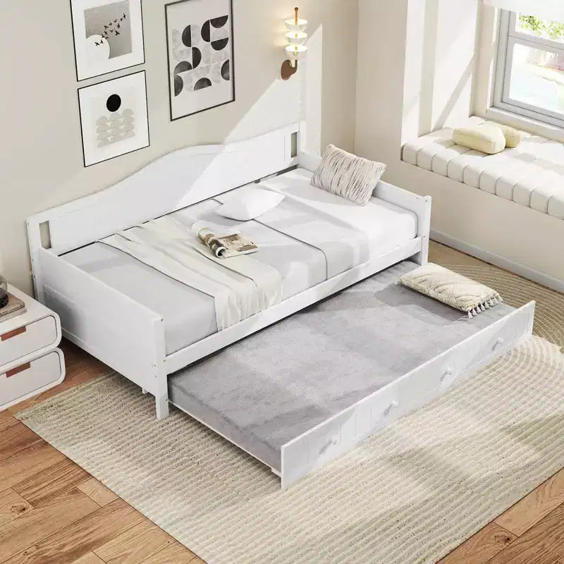 Lit de repos Costway simple avec lit gigogne, lit-canapé en bois massif avec lattes de soutien, lit d'appoint blanc/gris