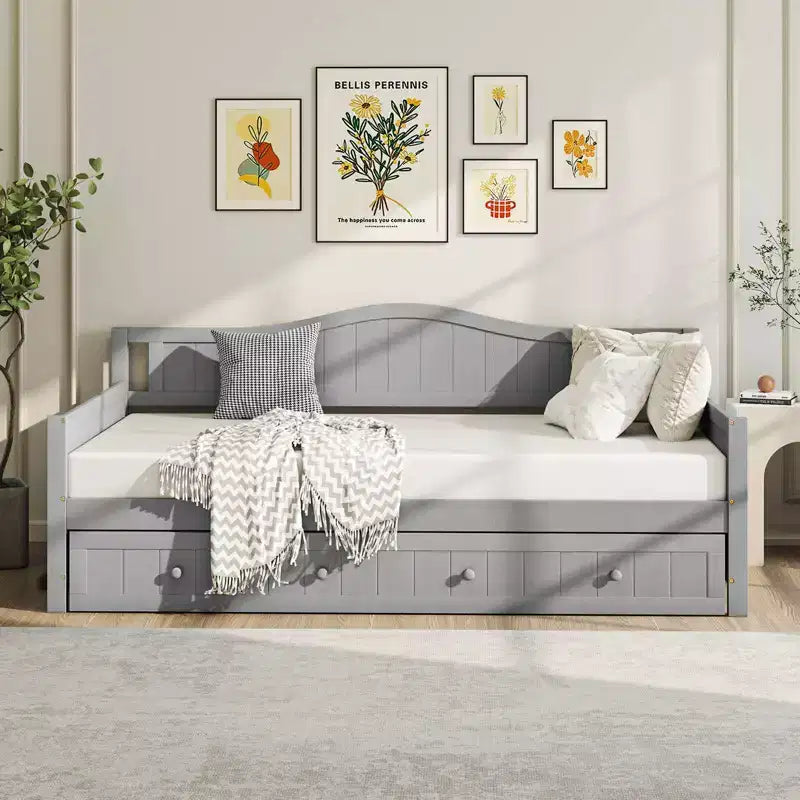 Lit de repos Costway simple avec lit gigogne, lit-canapé en bois massif avec lattes de soutien, lit d'appoint blanc/gris