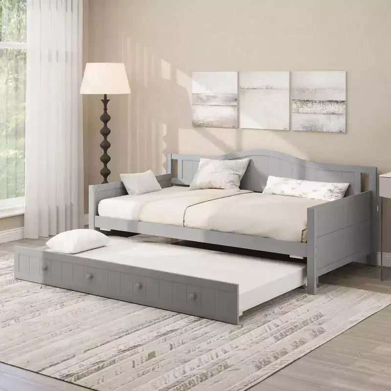 Lit de repos Costway simple avec lit gigogne, lit-canapé en bois massif avec lattes de soutien, lit d'appoint blanc/gris