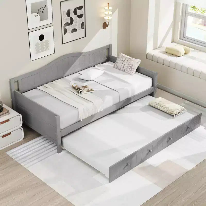 Lit de repos Costway simple avec lit gigogne, lit-canapé en bois massif avec lattes de soutien, lit d'appoint blanc/gris