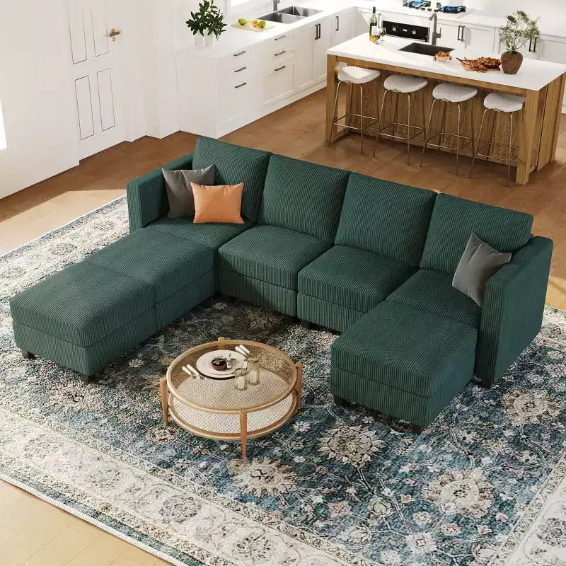 Canapé modulable Belffin avec pouf de rangement en forme de U en velours côtelé, canapé sectionnel moderne convertible avec méridienne