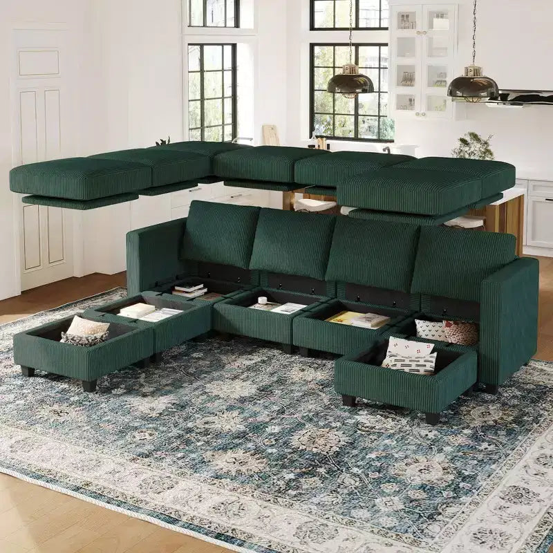 Canapé modulable Belffin avec pouf de rangement en forme de U en velours côtelé, canapé sectionnel moderne convertible avec méridienne