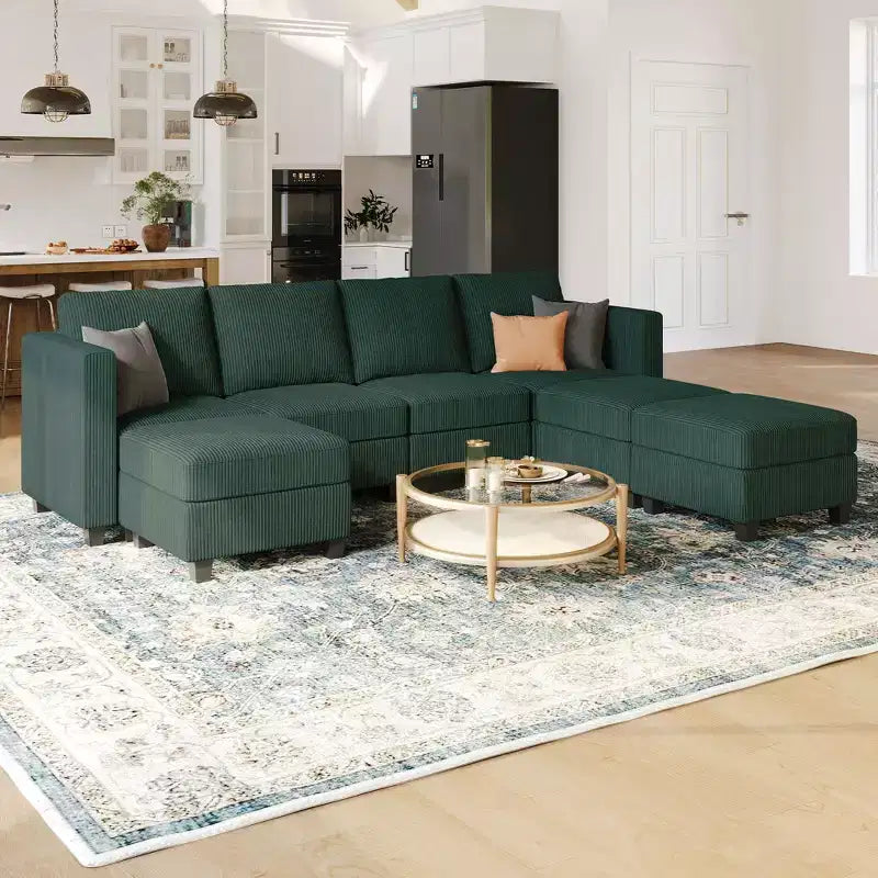 Canapé modulable Belffin avec pouf de rangement en forme de U en velours côtelé, canapé sectionnel moderne convertible avec méridienne