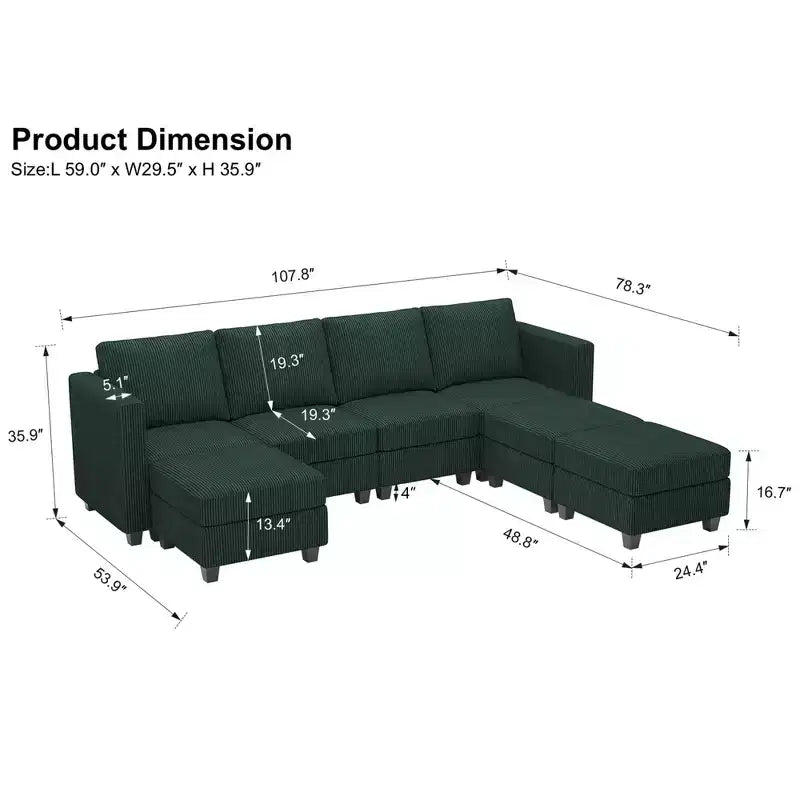 Canapé modulable Belffin avec pouf de rangement en forme de U en velours côtelé, canapé sectionnel moderne convertible avec méridienne