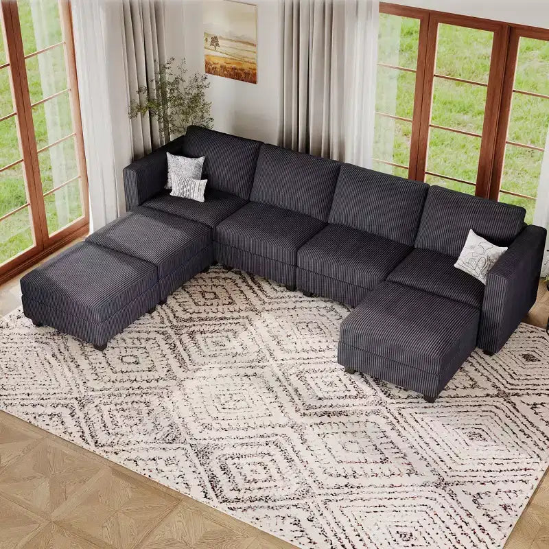 Canapé modulable Belffin avec pouf de rangement en forme de U en velours côtelé, canapé sectionnel moderne convertible avec méridienne