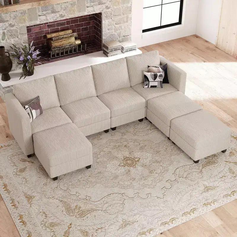 Canapé modulable Belffin avec pouf de rangement en forme de U en velours côtelé, canapé sectionnel moderne convertible avec méridienne