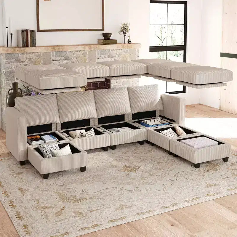 Canapé modulable Belffin avec pouf de rangement en forme de U en velours côtelé, canapé sectionnel moderne convertible avec méridienne