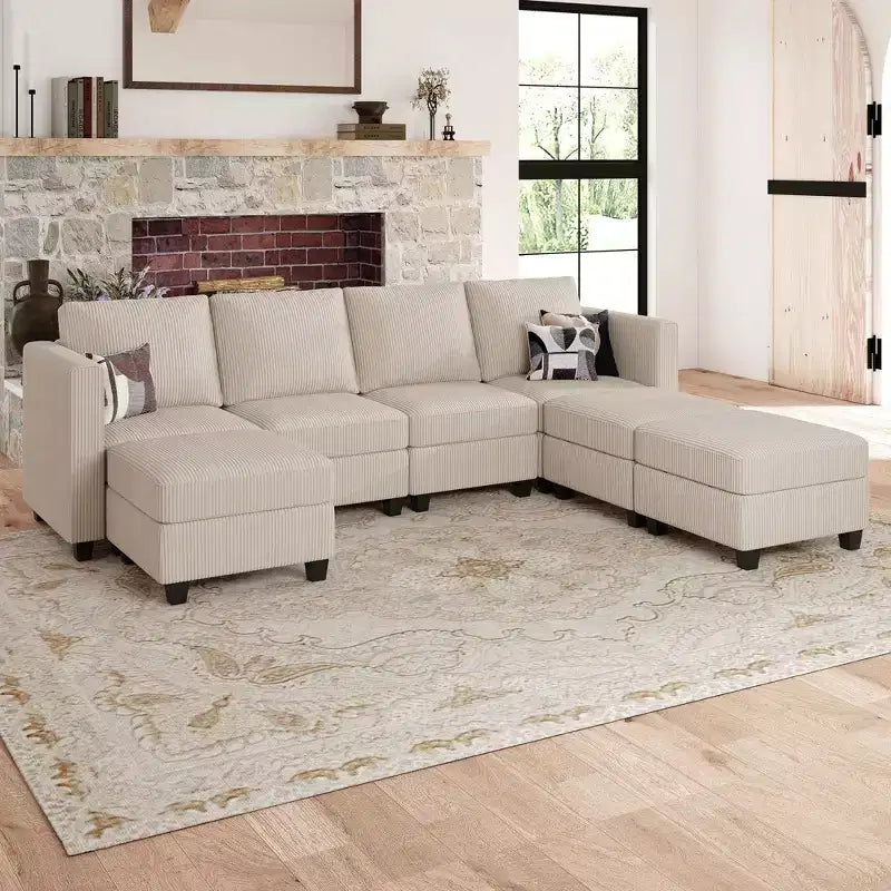 Canapé modulable Belffin avec pouf de rangement en forme de U en velours côtelé, canapé sectionnel moderne convertible avec méridienne