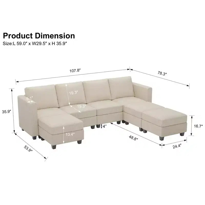 Canapé modulable Belffin avec pouf de rangement en forme de U en velours côtelé, canapé sectionnel moderne convertible avec méridienne