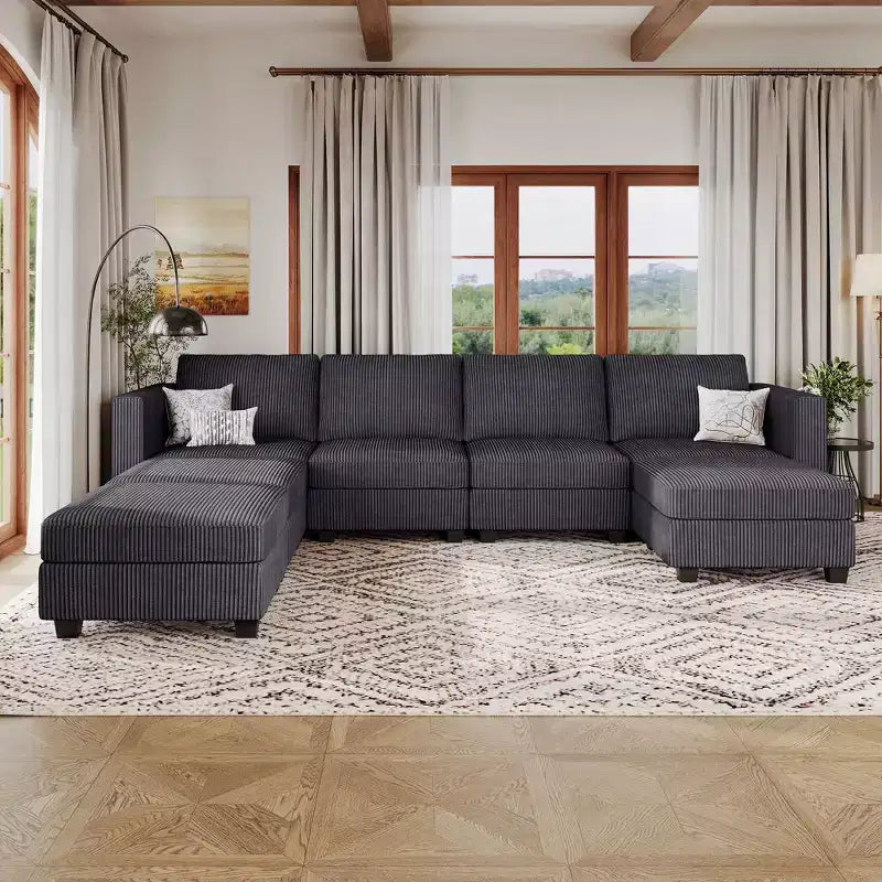 Canapé modulable Belffin avec pouf de rangement en forme de U en velours côtelé, canapé sectionnel moderne convertible avec méridienne