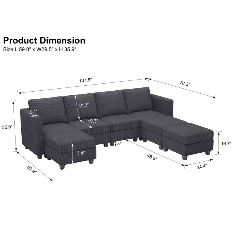 Canapé modulable Belffin avec pouf de rangement en forme de U en velours côtelé, canapé sectionnel moderne convertible avec méridienne
