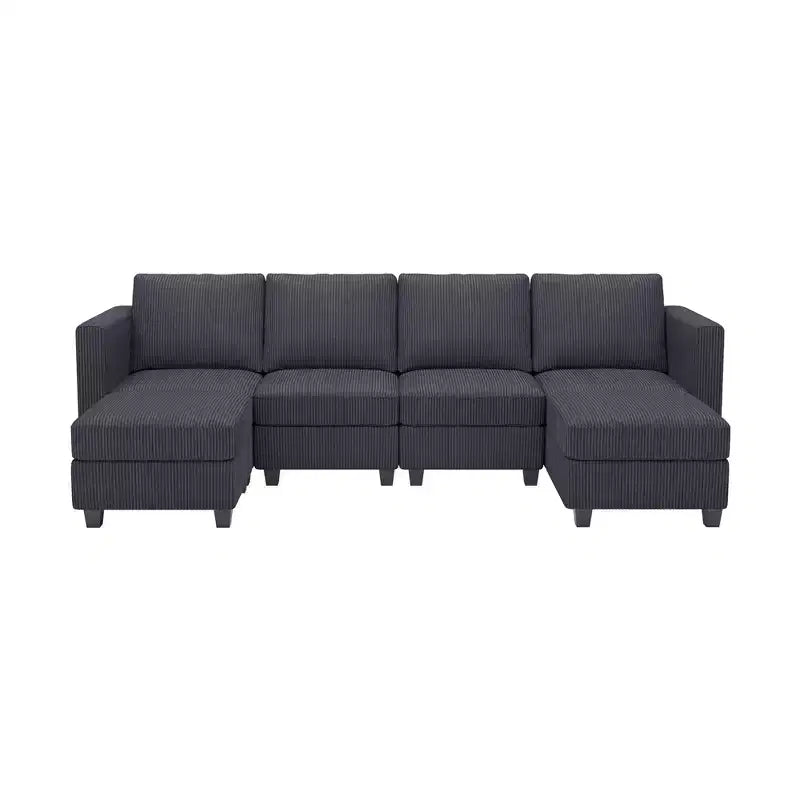 Canapé modulaire en U Belffin avec pouf de rangement, canapé sectionnel en velours côtelé avec méridienne, canapé sectionnel moderne convertible
