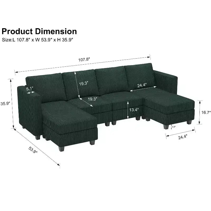 Canapé modulaire en U Belffin avec pouf de rangement, canapé sectionnel en velours côtelé avec méridienne, canapé sectionnel moderne convertible