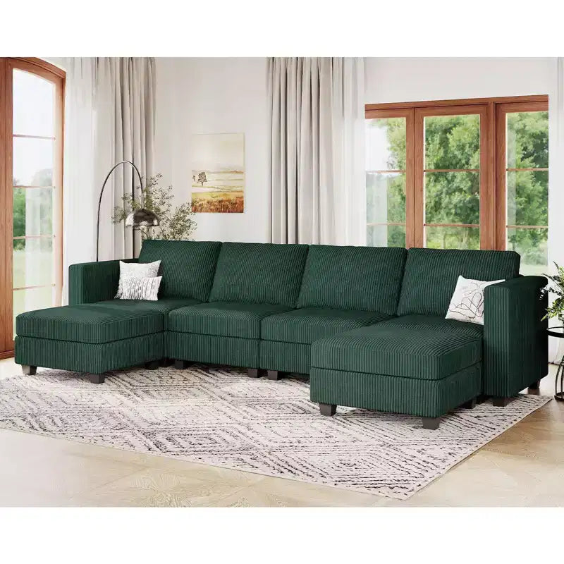Canapé modulaire en U Belffin avec pouf de rangement, canapé sectionnel en velours côtelé avec méridienne, canapé sectionnel moderne convertible