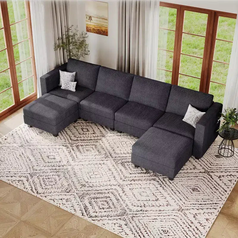 Canapé modulaire en U Belffin avec pouf de rangement, canapé sectionnel en velours côtelé avec méridienne, canapé sectionnel moderne convertible