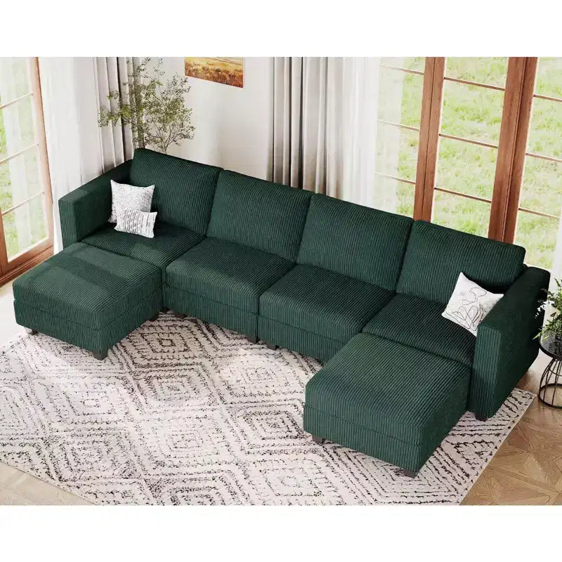 Canapé modulaire en U Belffin avec pouf de rangement, canapé sectionnel en velours côtelé avec méridienne, canapé sectionnel moderne convertible