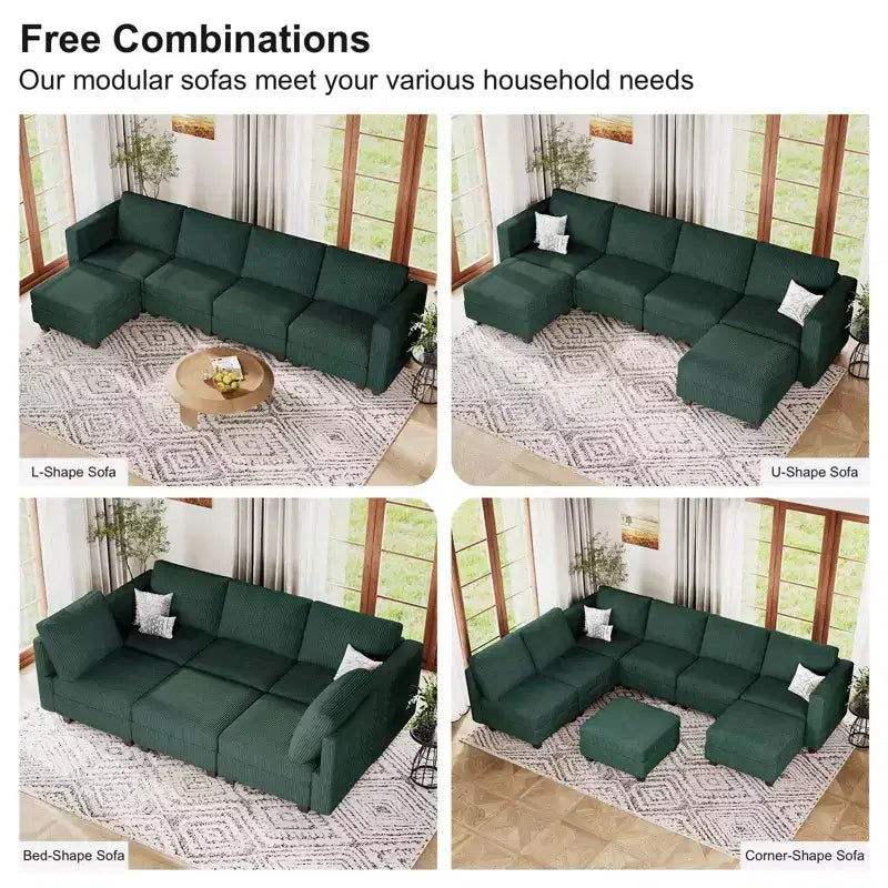 Canapé modulaire en U Belffin avec pouf de rangement, canapé sectionnel en velours côtelé avec méridienne, canapé sectionnel moderne convertible