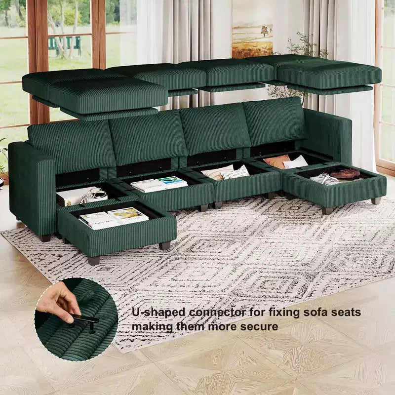 Canapé modulaire en U Belffin avec pouf de rangement, canapé sectionnel en velours côtelé avec méridienne, canapé sectionnel moderne convertible