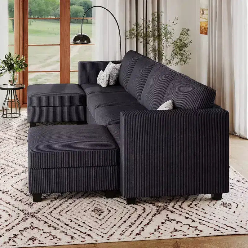Canapé modulaire en U Belffin avec pouf de rangement, canapé sectionnel en velours côtelé avec méridienne, canapé sectionnel moderne convertible