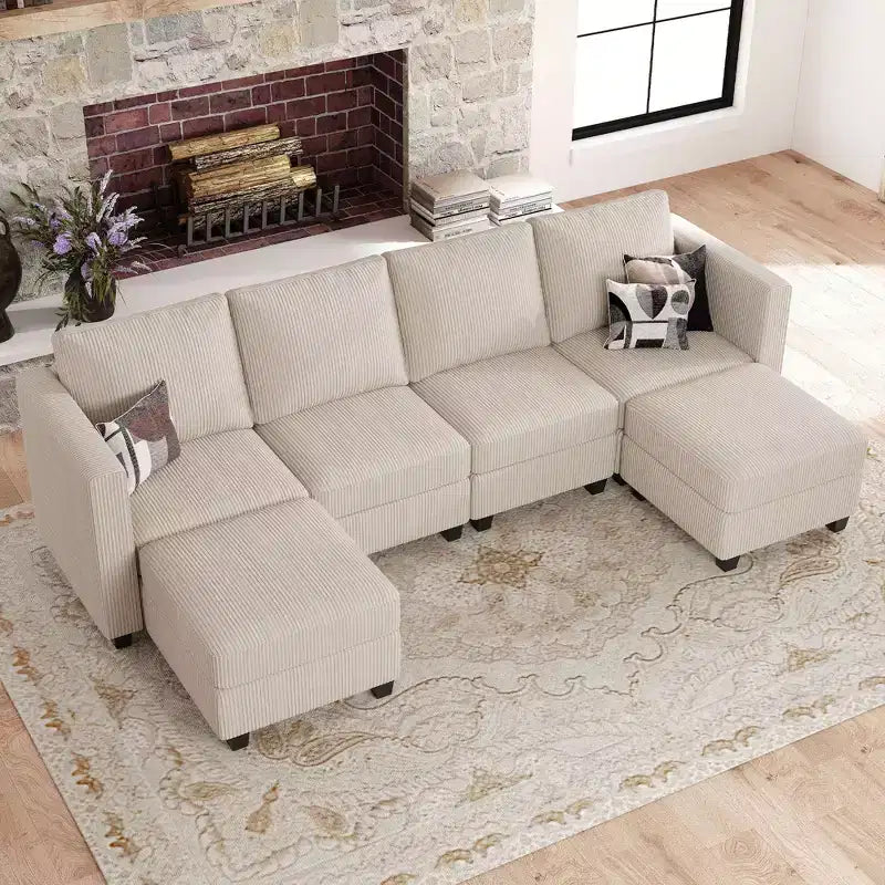 Canapé modulaire en U Belffin avec pouf de rangement, canapé sectionnel en velours côtelé avec méridienne, canapé sectionnel moderne convertible