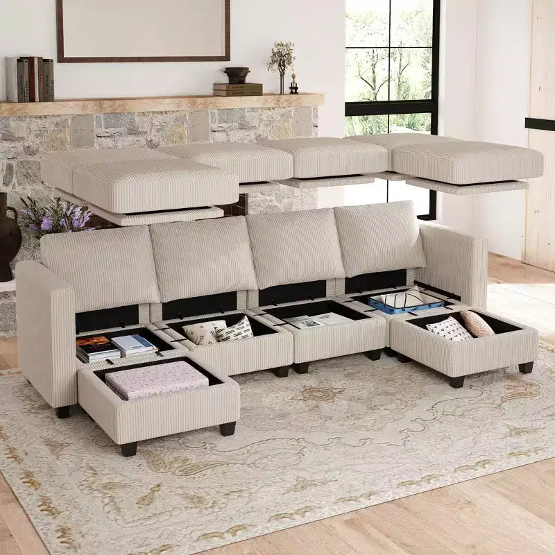 Canapé modulaire en U Belffin avec pouf de rangement, canapé sectionnel en velours côtelé avec méridienne, canapé sectionnel moderne convertible