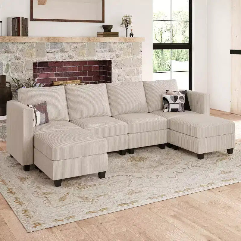 Canapé modulaire en U Belffin avec pouf de rangement, canapé sectionnel en velours côtelé avec méridienne, canapé sectionnel moderne convertible