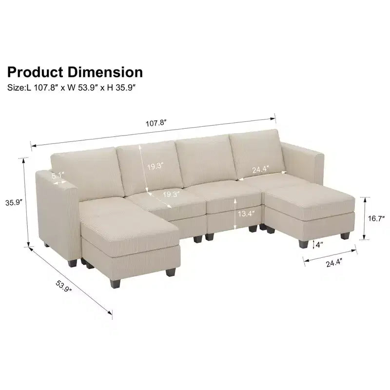 Canapé modulaire en U Belffin avec pouf de rangement, canapé sectionnel en velours côtelé avec méridienne, canapé sectionnel moderne convertible