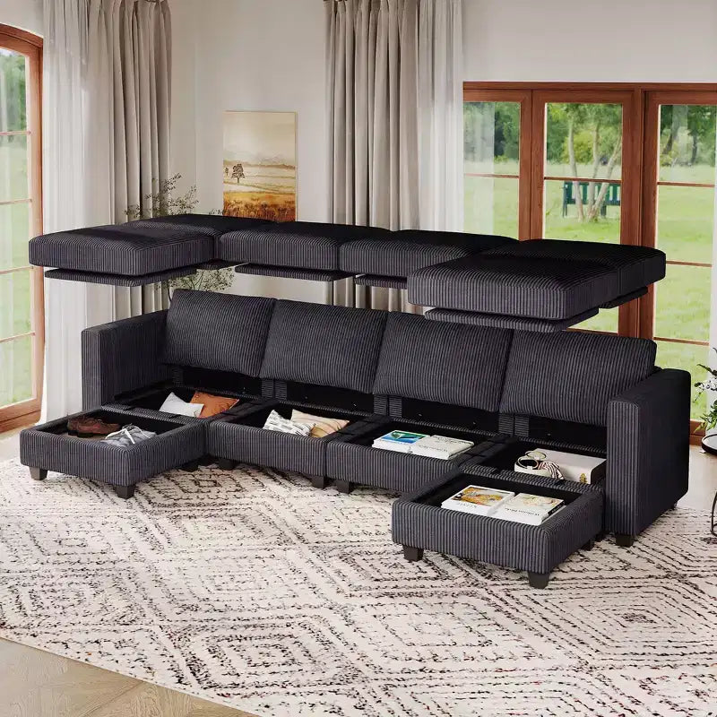Canapé modulaire en U Belffin avec pouf de rangement, canapé sectionnel en velours côtelé avec méridienne, canapé sectionnel moderne convertible