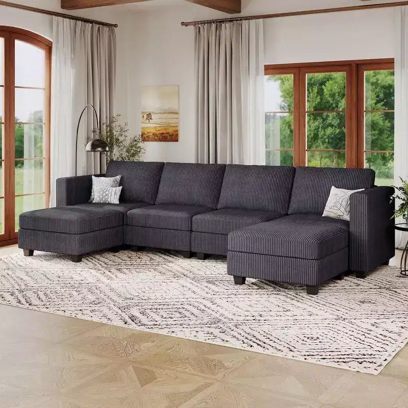 Canapé modulaire en U Belffin avec pouf de rangement, canapé sectionnel en velours côtelé avec méridienne, canapé sectionnel moderne convertible