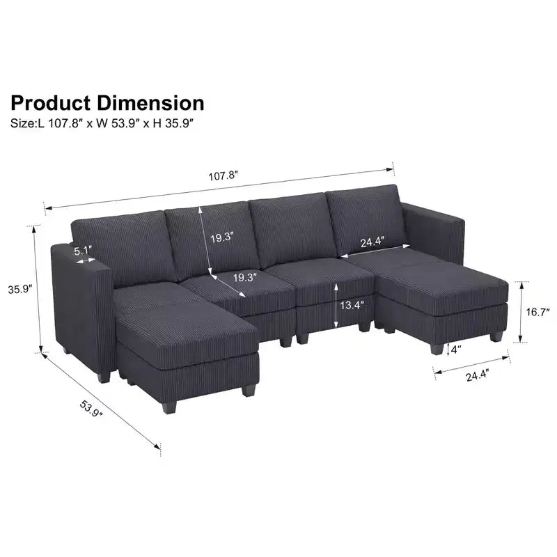 Canapé modulaire en U Belffin avec pouf de rangement, canapé sectionnel en velours côtelé avec méridienne, canapé sectionnel moderne convertible