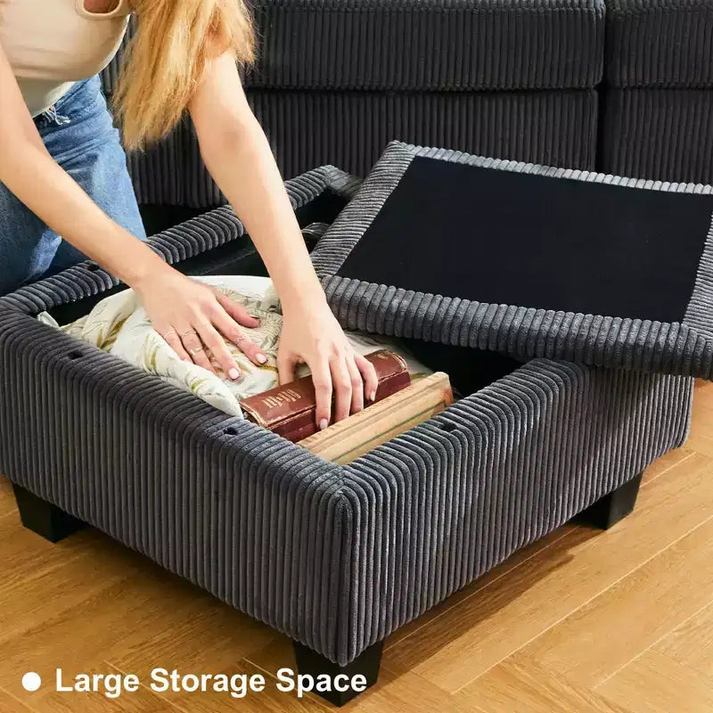 Canapé modulaire en U Belffin avec pouf de rangement, canapé sectionnel en velours côtelé avec méridienne, canapé sectionnel moderne convertible
