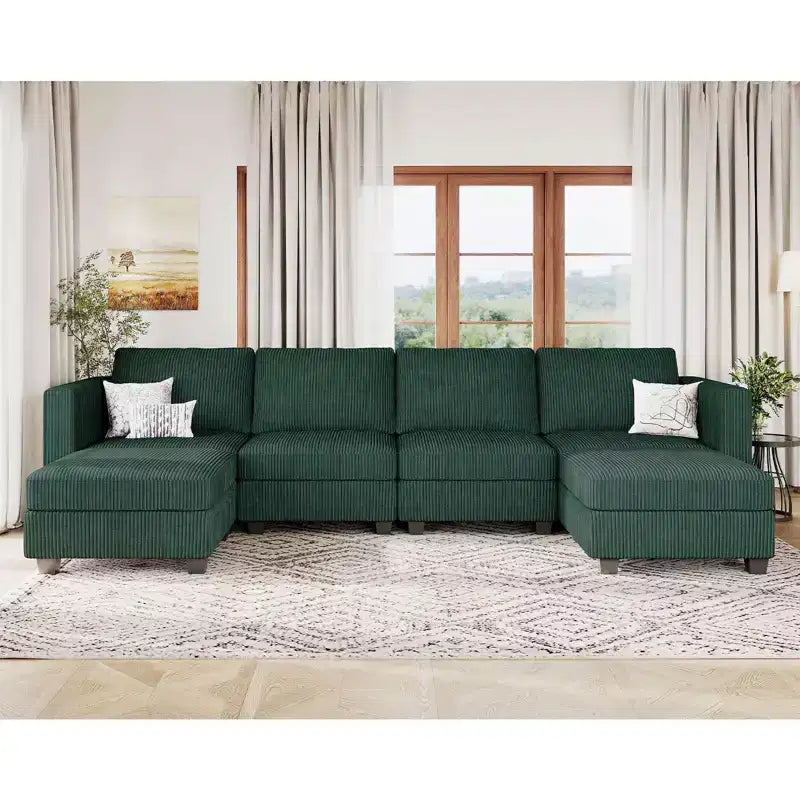 Canapé modulaire en U Belffin avec pouf de rangement, canapé sectionnel en velours côtelé avec méridienne, canapé sectionnel moderne convertible