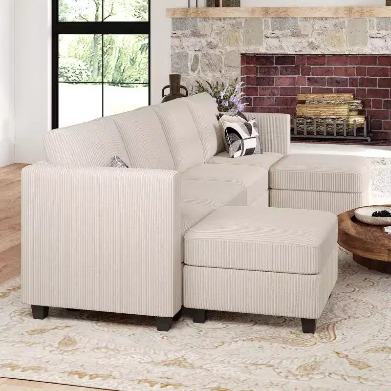 Canapé modulaire en U Belffin avec pouf de rangement, canapé sectionnel en velours côtelé avec méridienne, canapé sectionnel moderne convertible