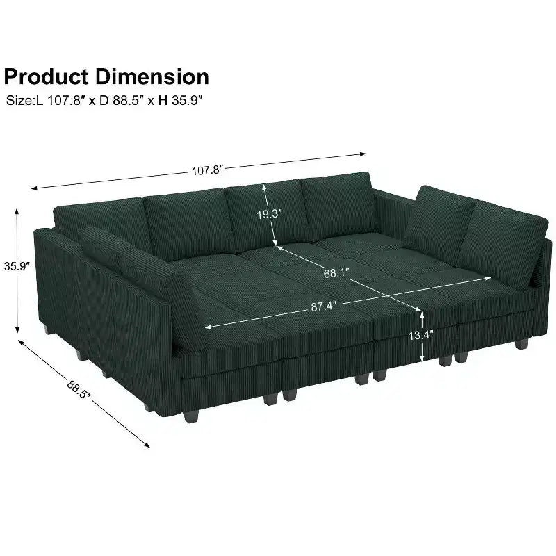 Canapé convertible modulaire sectionnel Belffin en velours côtelé, 12 places surdimensionné avec rangement pour salon