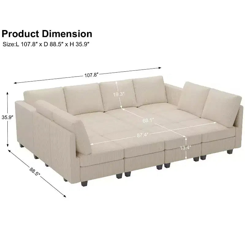 Canapé convertible modulaire sectionnel Belffin en velours côtelé, 12 places surdimensionné avec rangement pour salon